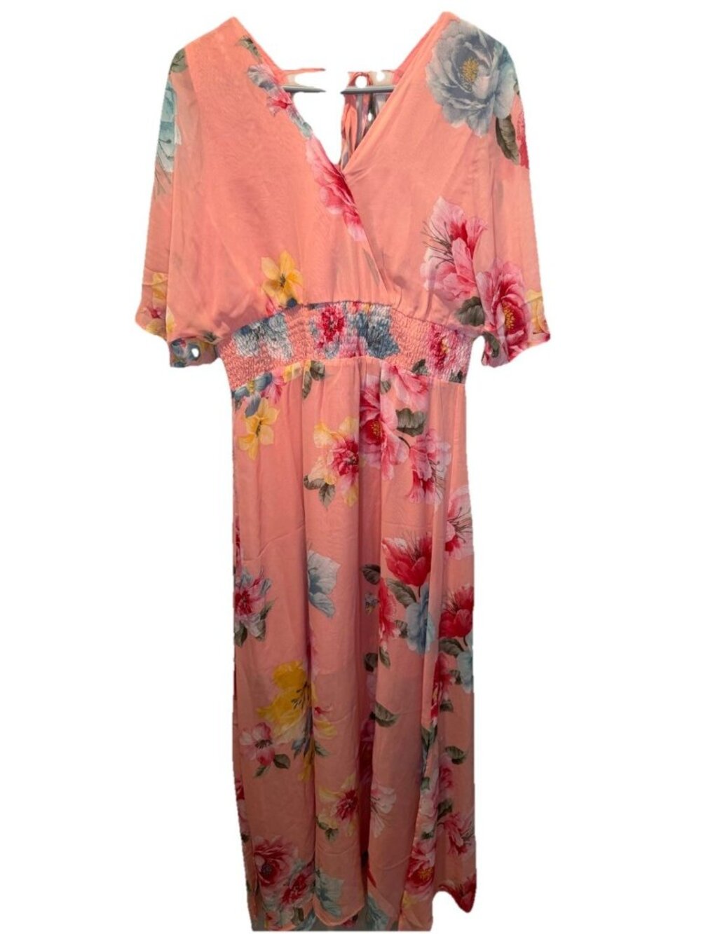 Oddy Floral Smocked Tied Back Short Sleeve Maxi Dress L NEW Lightweight Feminine